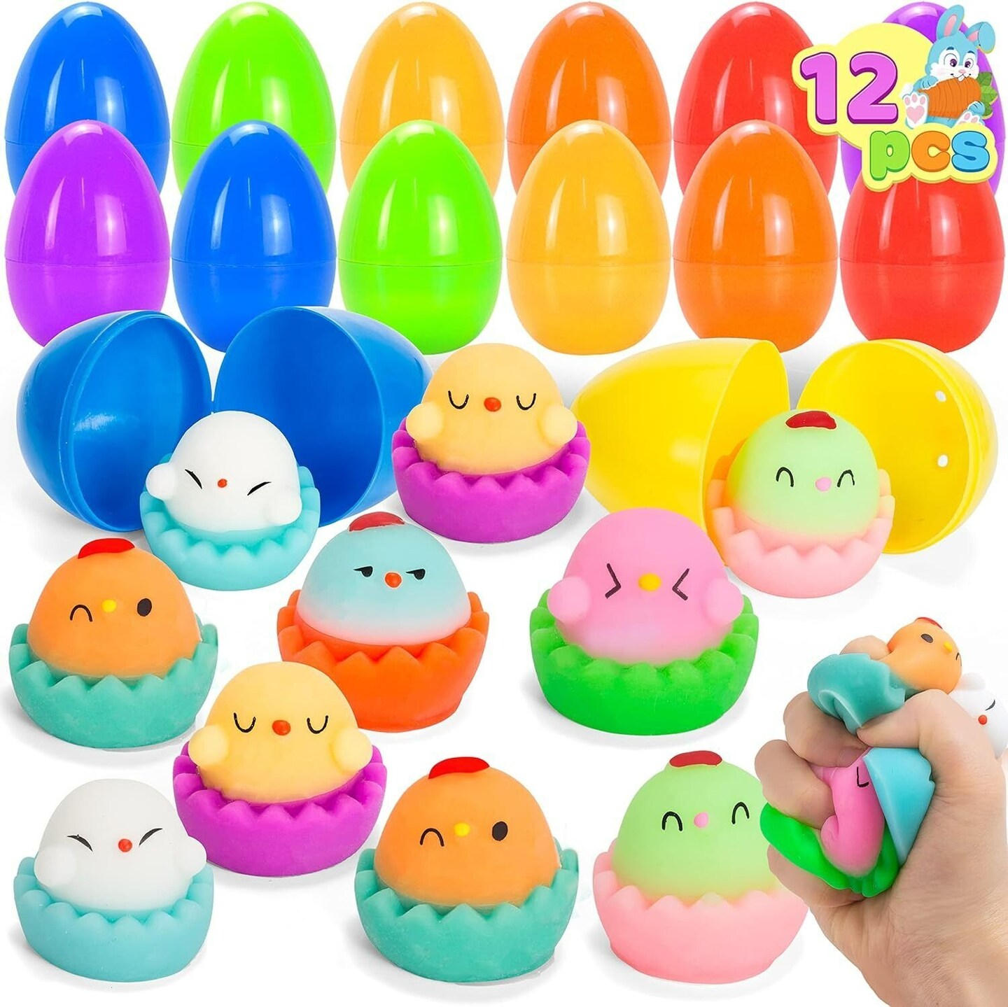 12 Pcs Prefilled Easter Eggs with Toys, Chick Stress Relief Eggs Squishy Toy