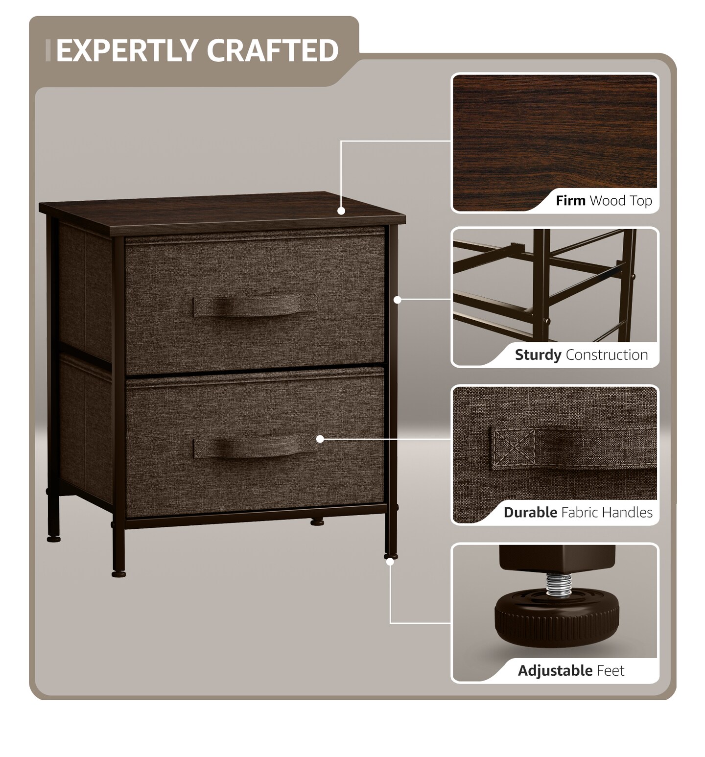 Sorbus Nightstand with 2 Drawers - Steel Frame, Wood Top & Easy Pull Fabric Bins - Great for Home, Bedroom, Office & College Dorm