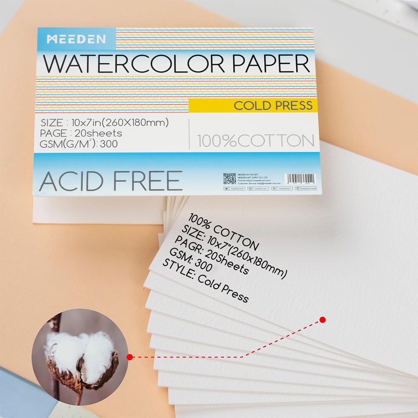 MEEDEN Watercolor Paper Block, 100% Cotton Watercolor Paper Pad of 20 Sheets, 140lb/300gsm, Acid-Free Art Paper for Watercolor, Gouache, Ink and More, 10&#x22; x 7&#x22; Cold Press