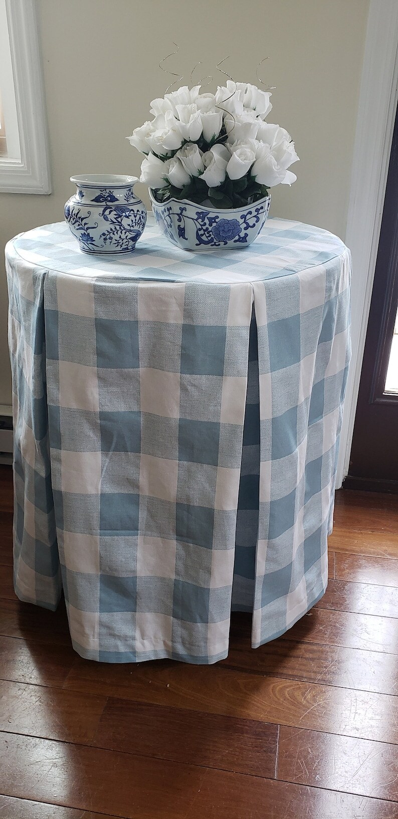 Already made 20" diameter x 27H Round pleated tableskirt cashmere blue and white buffalo plaid