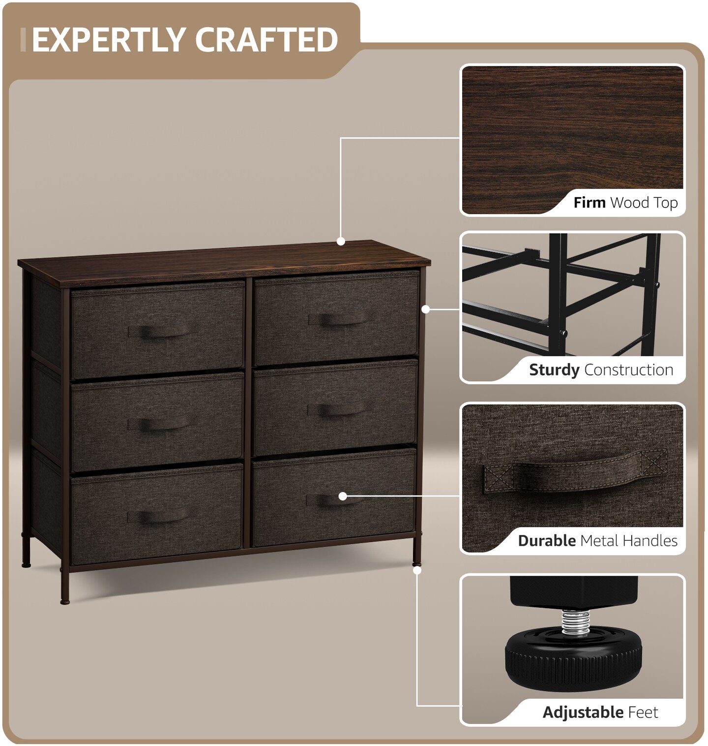 Sorbus 6 Drawers Dresser- Storage Unit with Steel Frame, Wood Top, Fabric Bins - for Bedroom, Closet, Office and more
