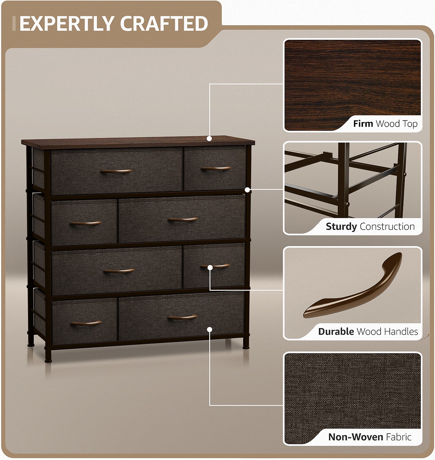 Sorbus Dresser with 8 Drawers - Storage Chest Organizer with Steel Frame, Wood Top, Handles, Fabric Bins