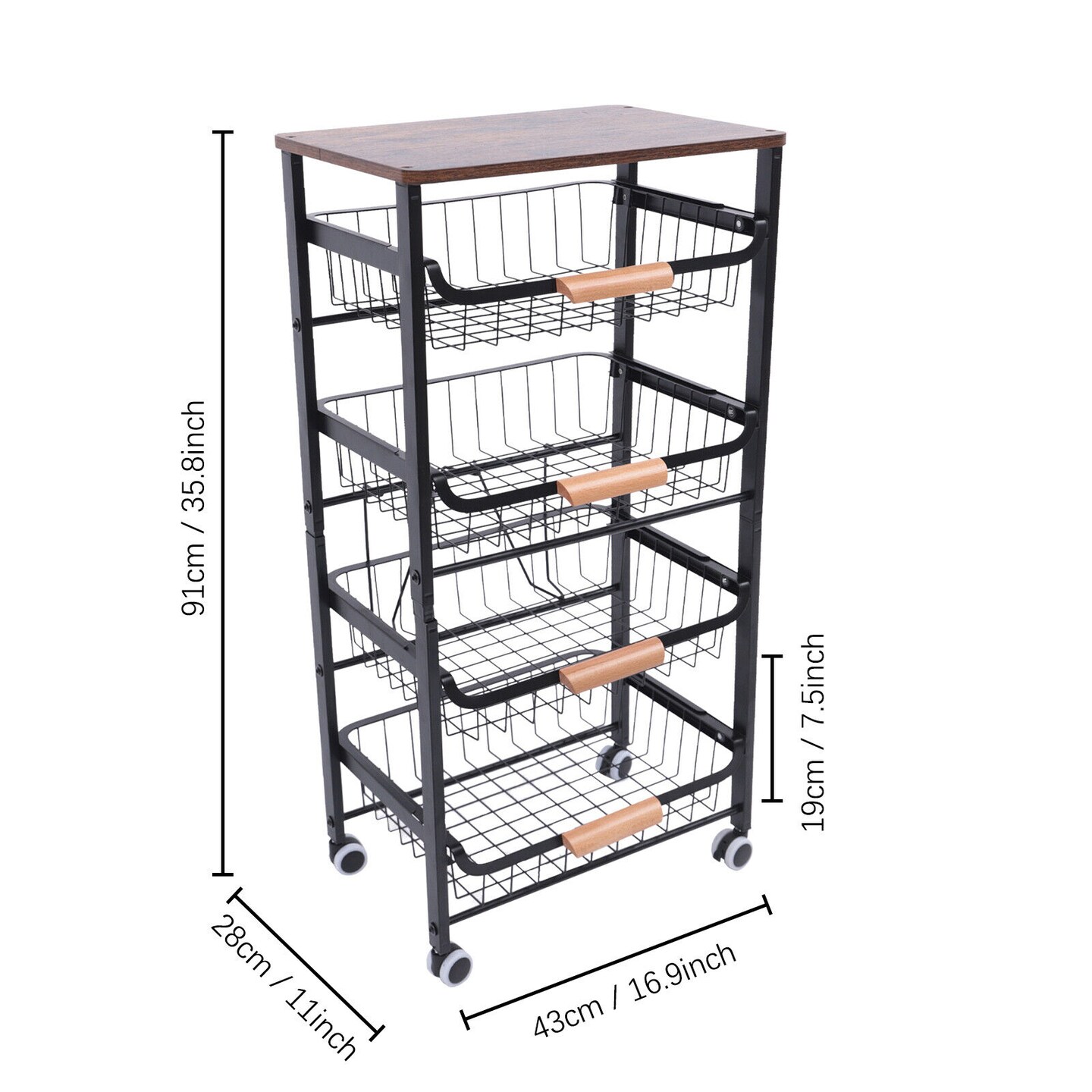 Kitcheniva 4 Tier Utility Stackable Rolling Cart Basket Rack