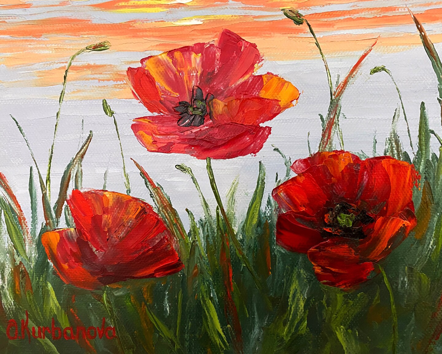 Poppy Haze - ORIGINAL OIL PAINTING, Flower Field Landscape, flower meadow, poppy field at dawn, red store gray art, 18x24cm