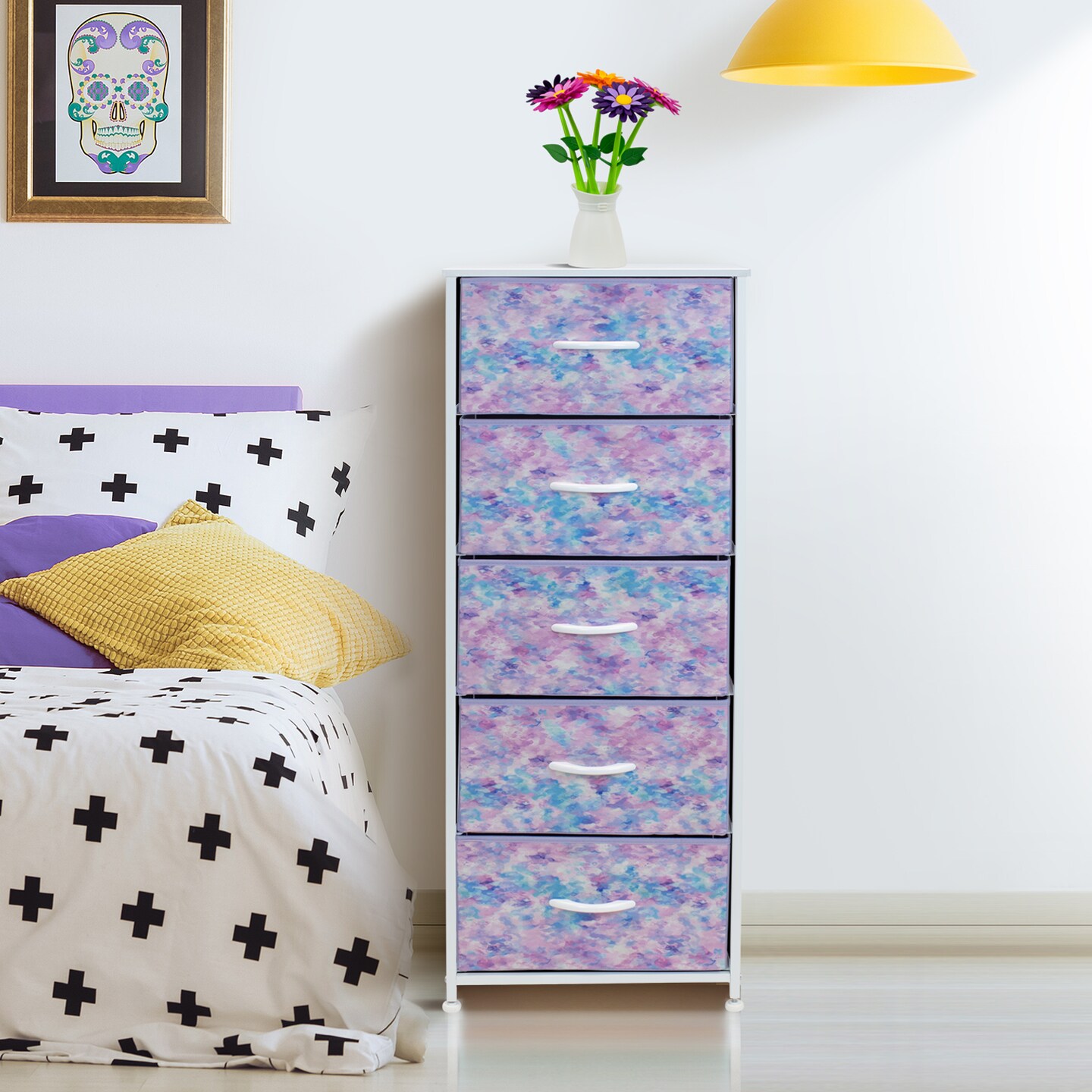 Sorbus Narrow 5 Drawers Nightstand with Steel Frame, Wood Top, Easy Pull Fabric Bins for Home, Bedroom, Office & Dorm