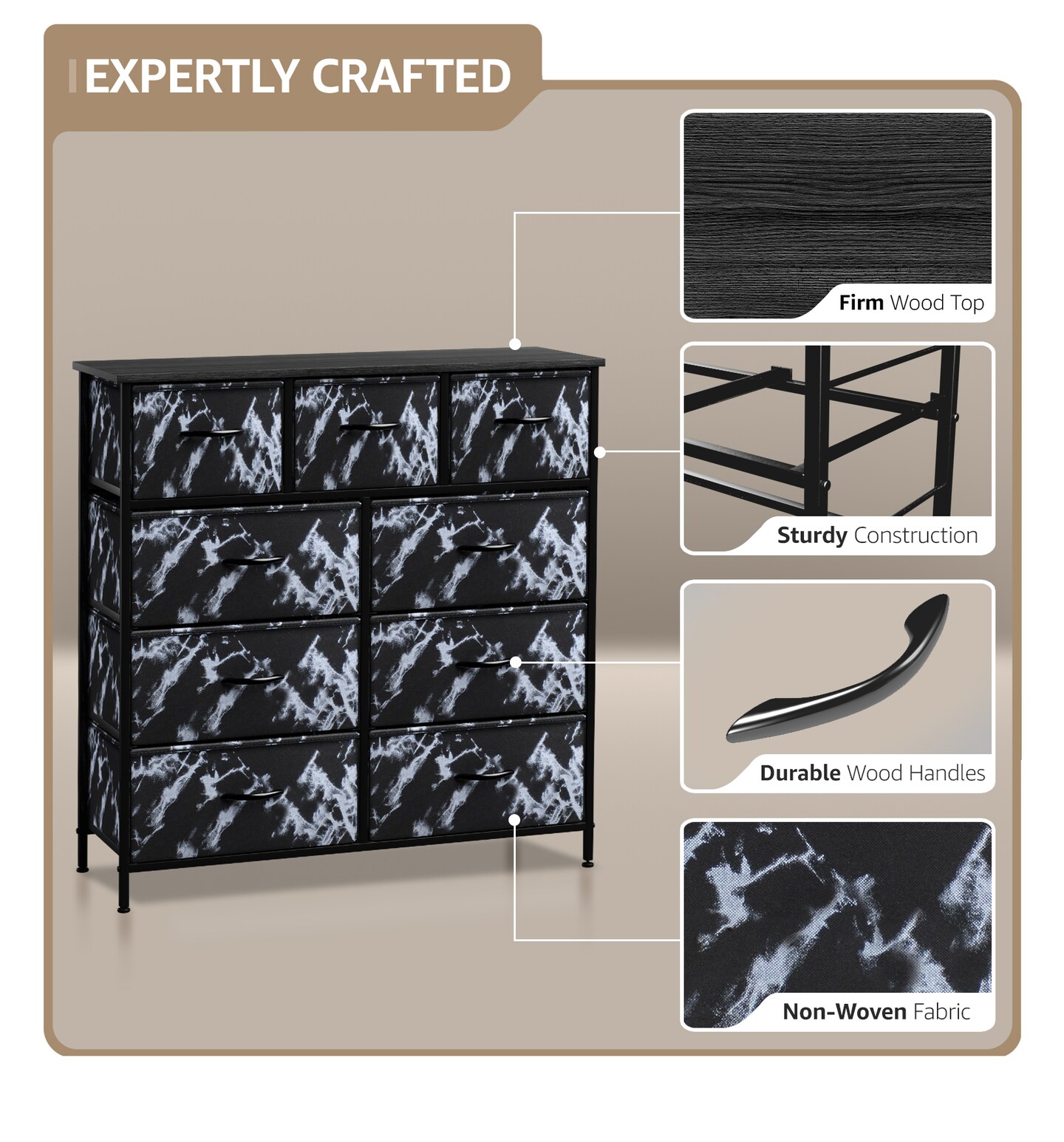 Sorbus Dresser with 9 Drawers - Furniture Storage Chest Tower Unit for Bedroom, Closet, etc - Steel Frame, Wood Top, Fabric Bins
