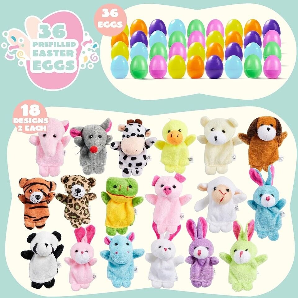 36 Pcs Pre-Filled Easter Eggs with Animal Finger Puppets for Toddlers and Kids