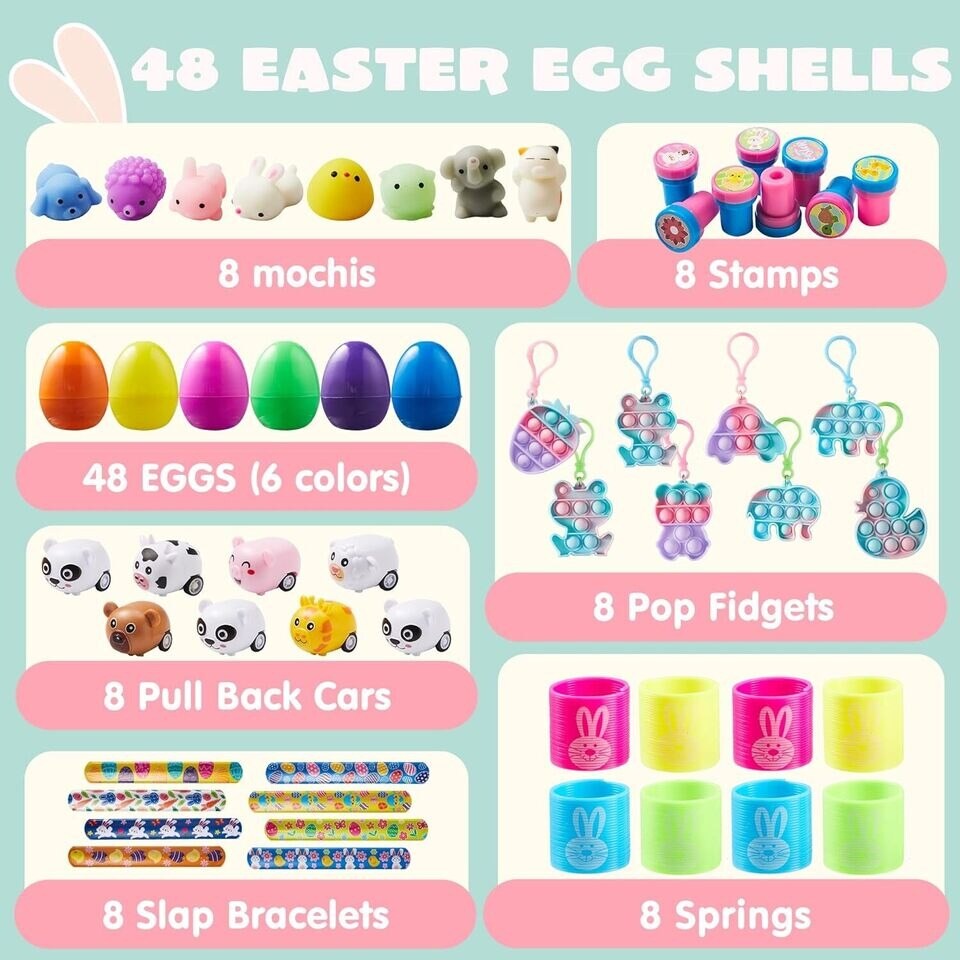 48 PCS Prefilled Plastic Easter Eggs with Assorted Toys for Easter Party Favors