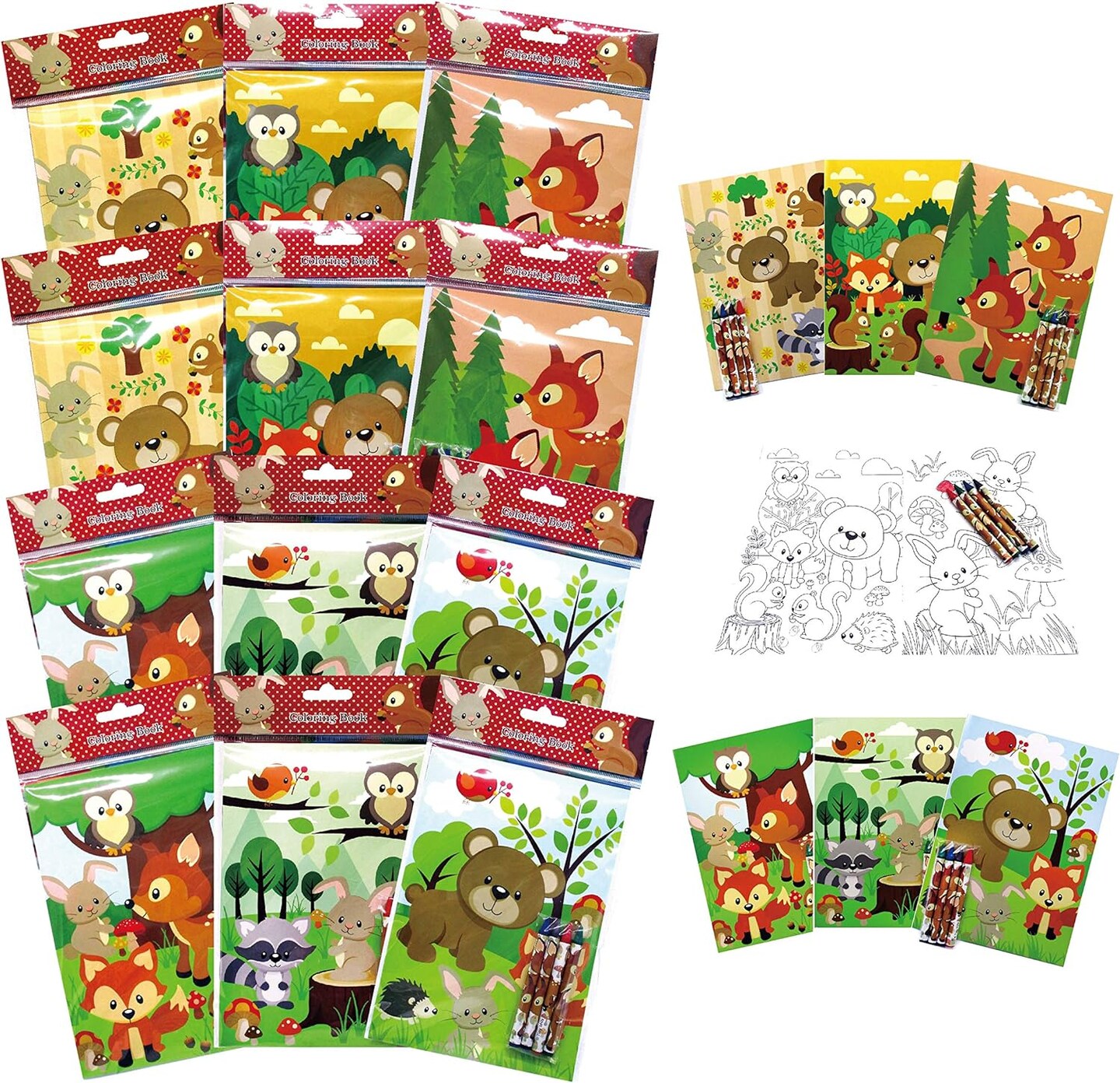 TINYMILLS Woodland Animals Coloring Book for Kids Party Favor Set with 12 Coloring Books and 48 Crayons