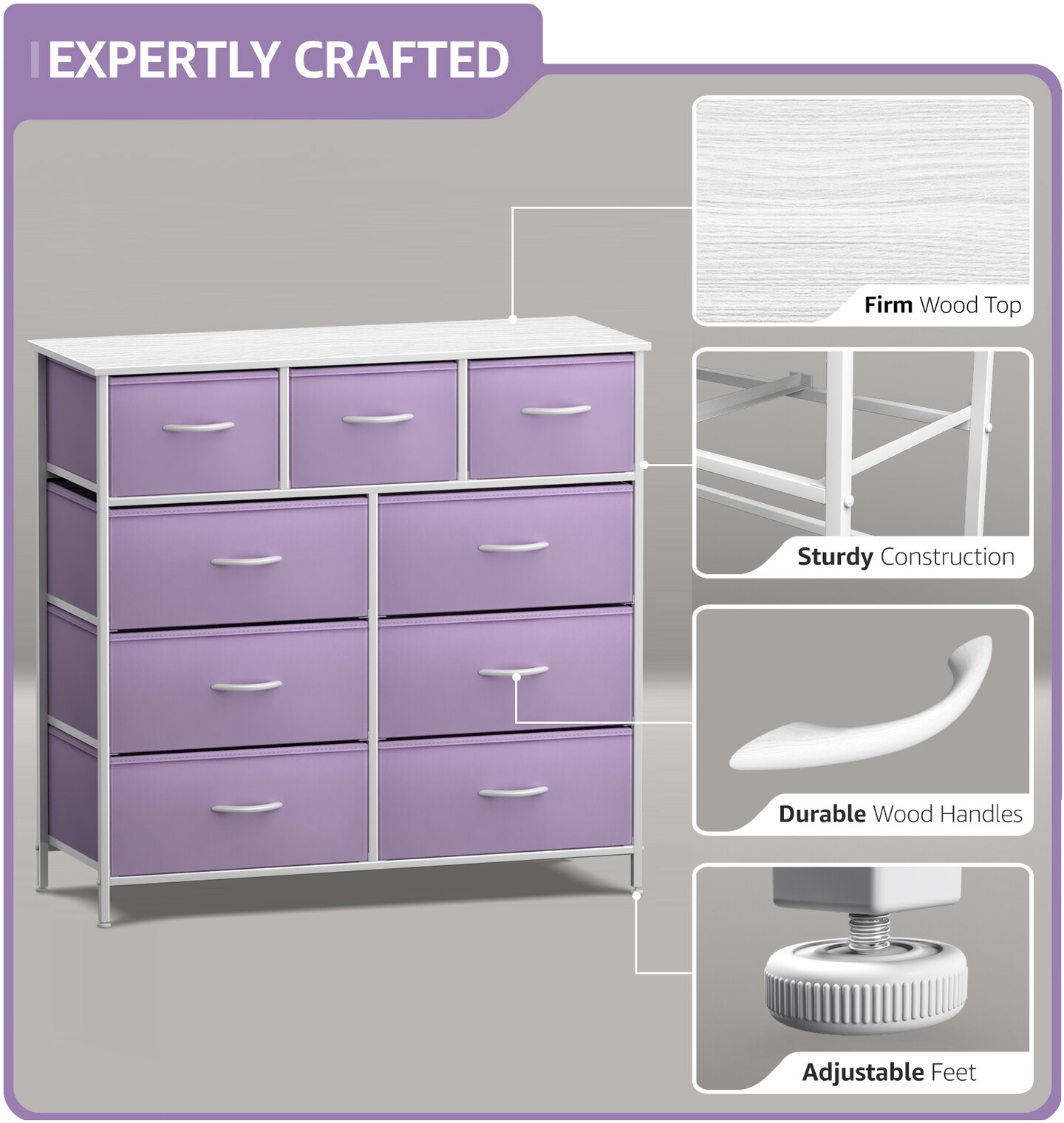 Sorbus Dresser with 9 Drawers - Furniture Storage Chest Tower Unit for Bedroom, Closet, etc - Steel Frame, Wood Top, Fabric Bins