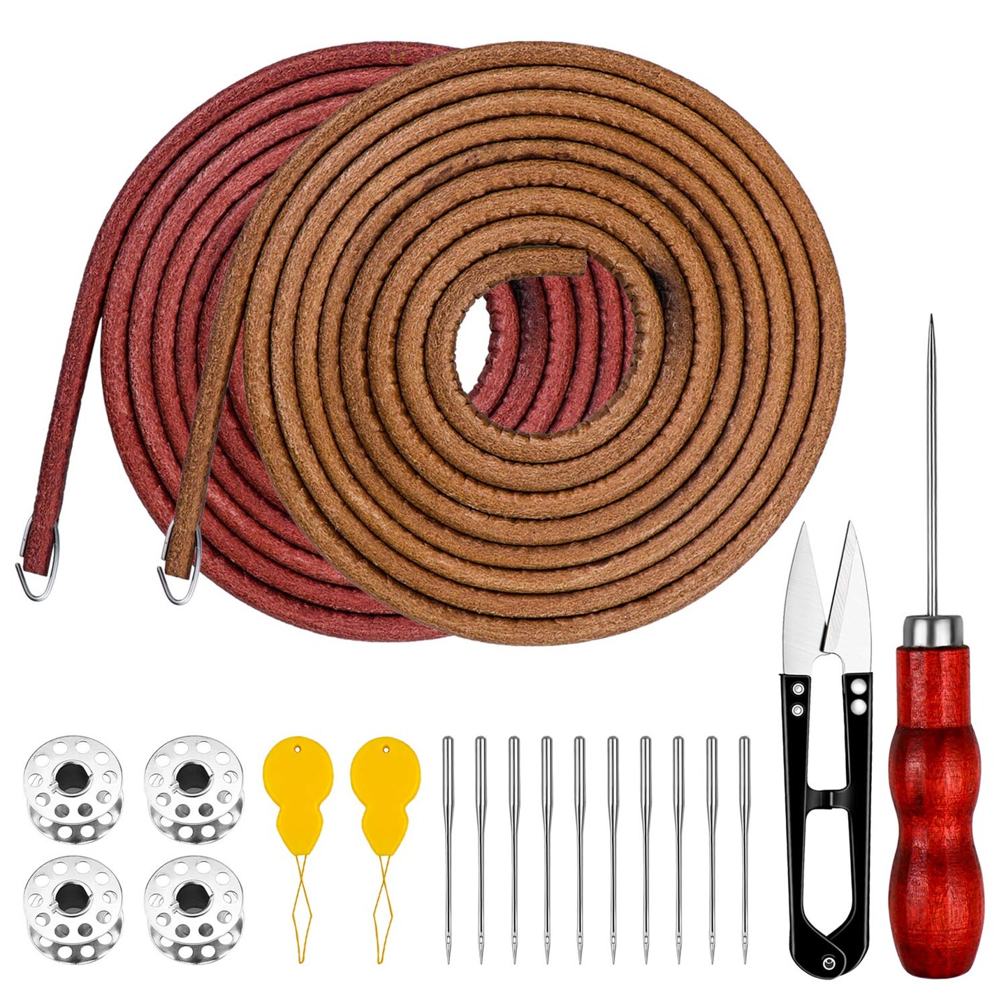 2 Piece Treadle Sewing Machine Belt, 183cm 3/16&#x22; Replacement Leather Belt Treadle Parts with Hooks,Sewing Bobbins,Needle Threader, Needles,Scissors Compatible with Singer/Jones Sewing Machine