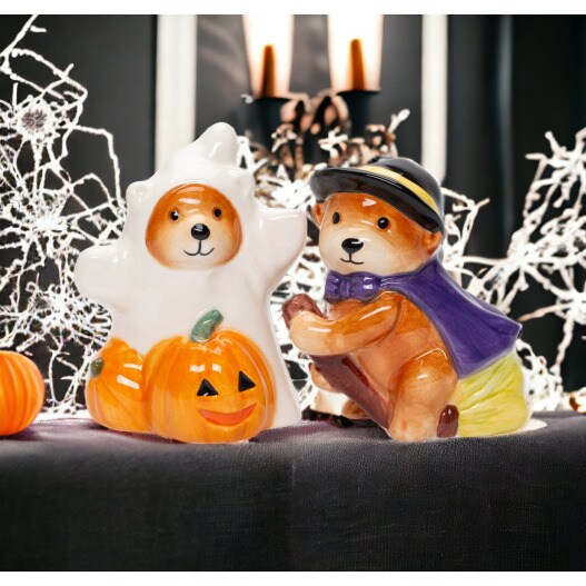 kevinsgiftshoppe Ceramic Halloween Teddy Bear Witch and Ghost Salt