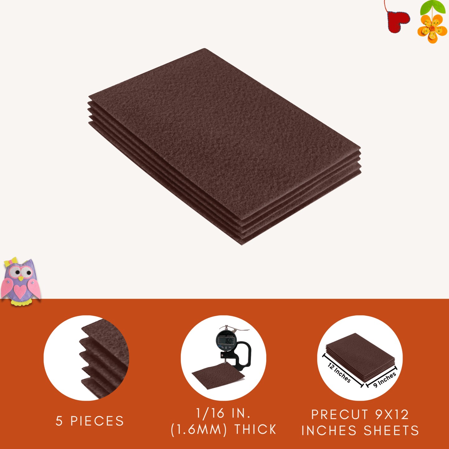 FabricLA Acrylic Felt Sheets for Crafts - Precut 9" X 12" Inches (20 cm X 30 cm) Felt Squares - Use Felt Fabric Craft Sheets for DIY, Costume, and Decoration | Light Brown - 5 Pieces