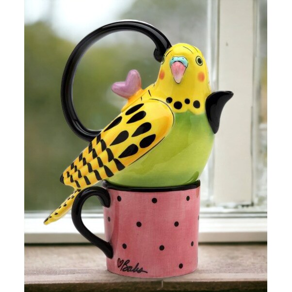 Ceramic Yellow Parakeet Tea For One Set 11Oz Pot 6.25In Gift