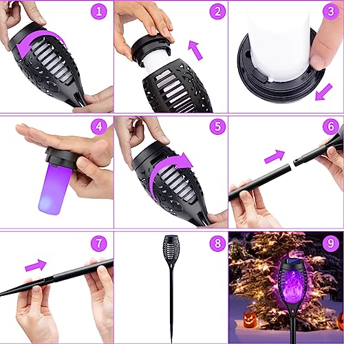 8 Pack Outdoor Halloween Decorations, Halloween Solar Lights with Purple Flame for Halloween Decor, Waterproof Halloween Lights Outdoor, Solar Pathway Lights for Outside Halloween Yard Decorations Lawn