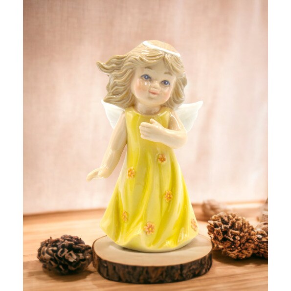 Ceramic Angel In Yellow Dress Figurine, Religious Dcor