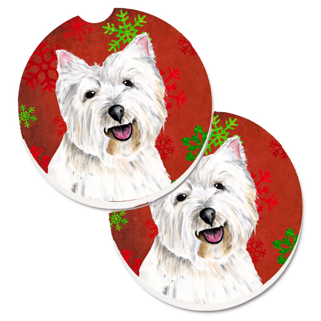 Caroline's Treasures Westie Red and Green Snowflakes Holiday Christmas Set  of 2 Cup Holder Car Coasters