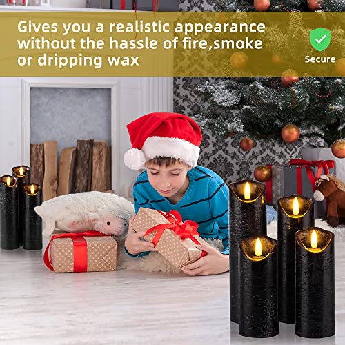 Set of 9 Black Regular Textured Flameless Candles Battery Operated LED Real Wax Flickering Electric Candles with Remote Control Timer for Wedding Birthday Halloween Christmas Decorations