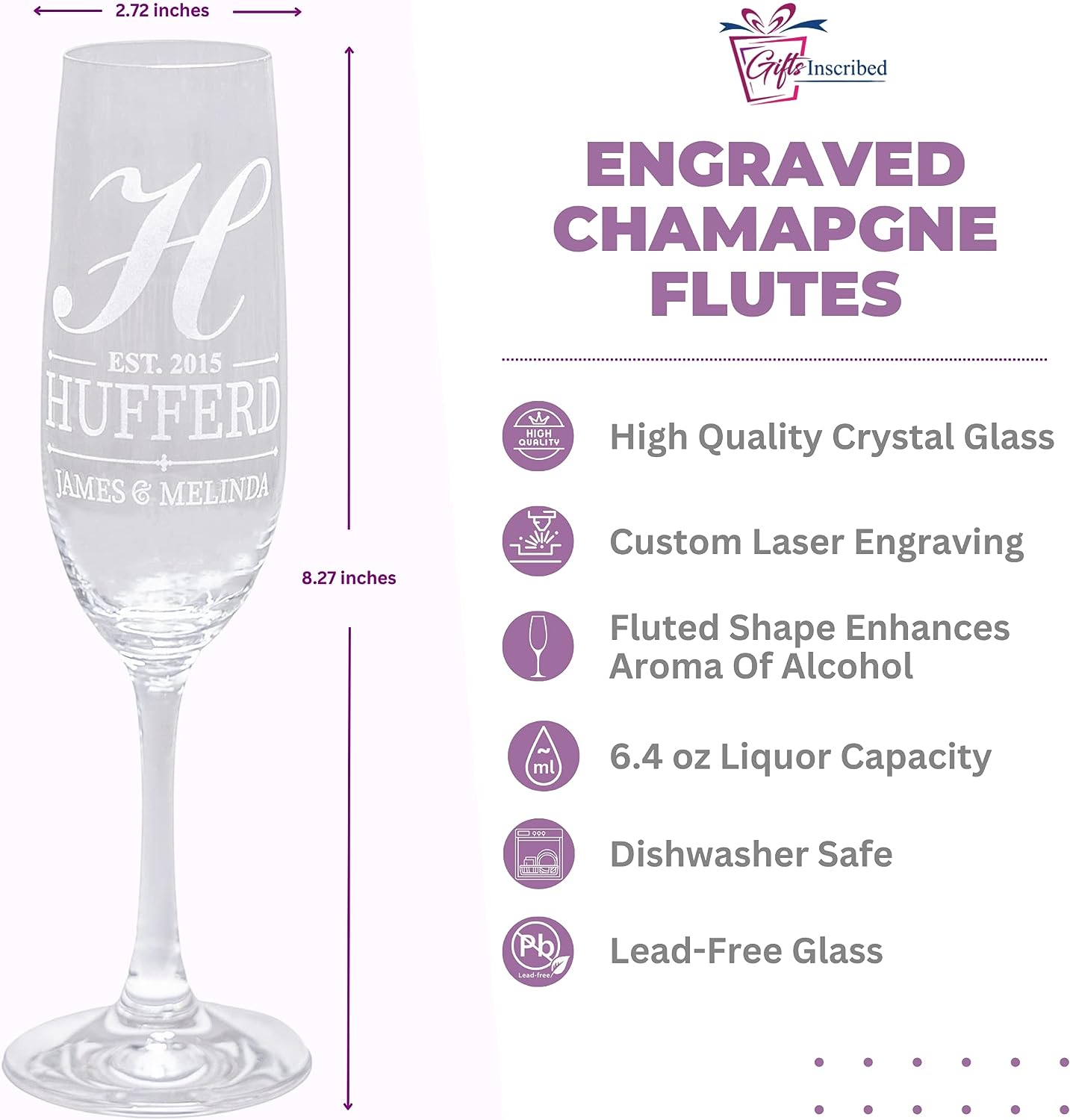 Set of 6 - Custom Engraved Champagne Glass, Bridal Party Champagne