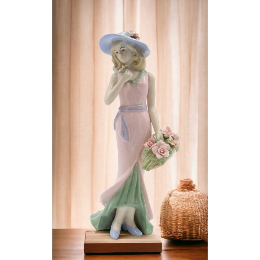 kevinsgiftshoppe Ceramic Lady With Rose Basket In Pink Dress Figurine Home Decor