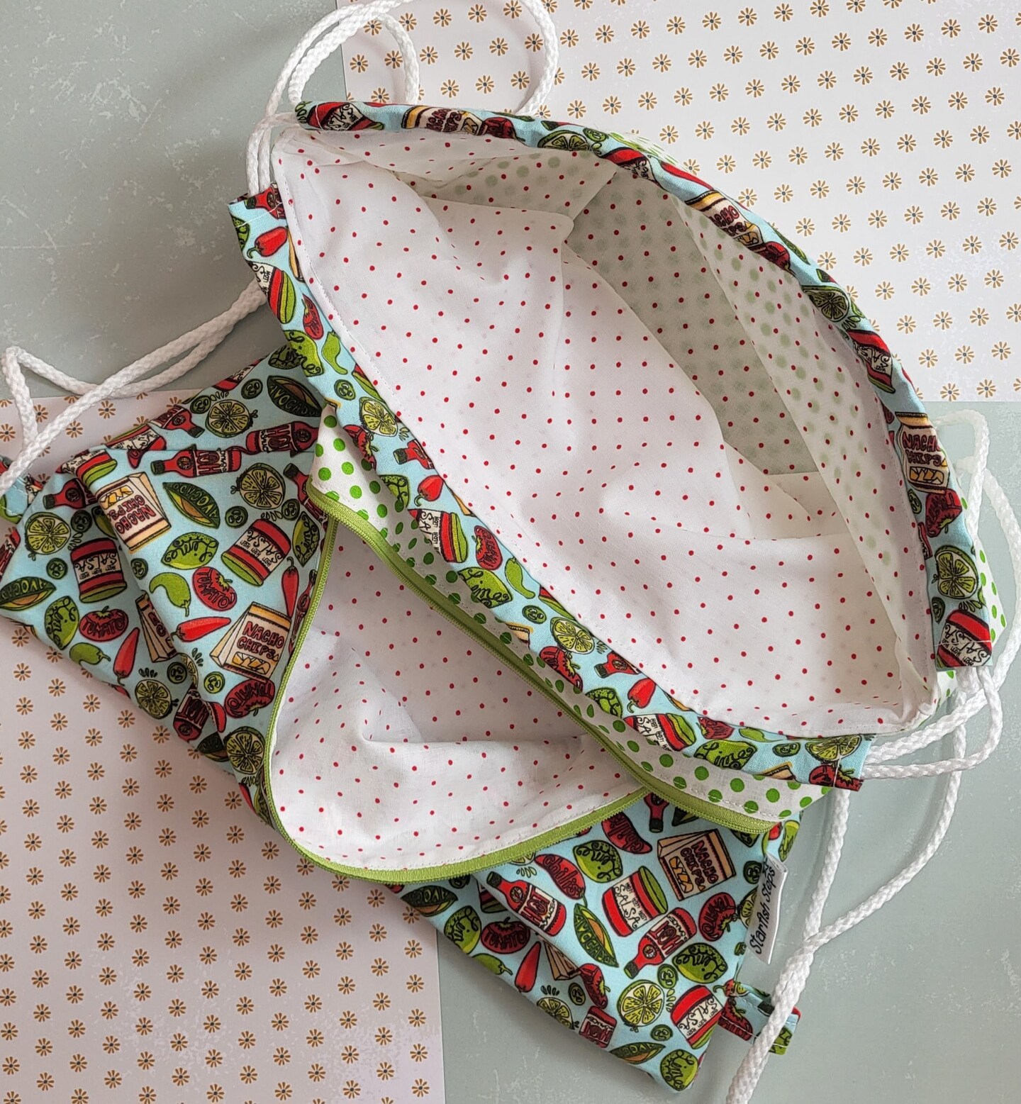 Drawstring Backpack Bag with Zipper Pocket, Avocado, Lime Print
