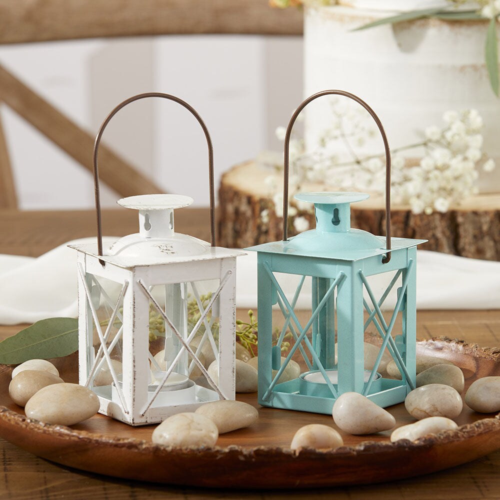 Kate Aspen Decorative Lanterns - Set of 12 - Luminous Distressed Metal Lantern Candle Holders for Wedding, Home Decor and Party - 4.5" H (6.5" H with Handle) White