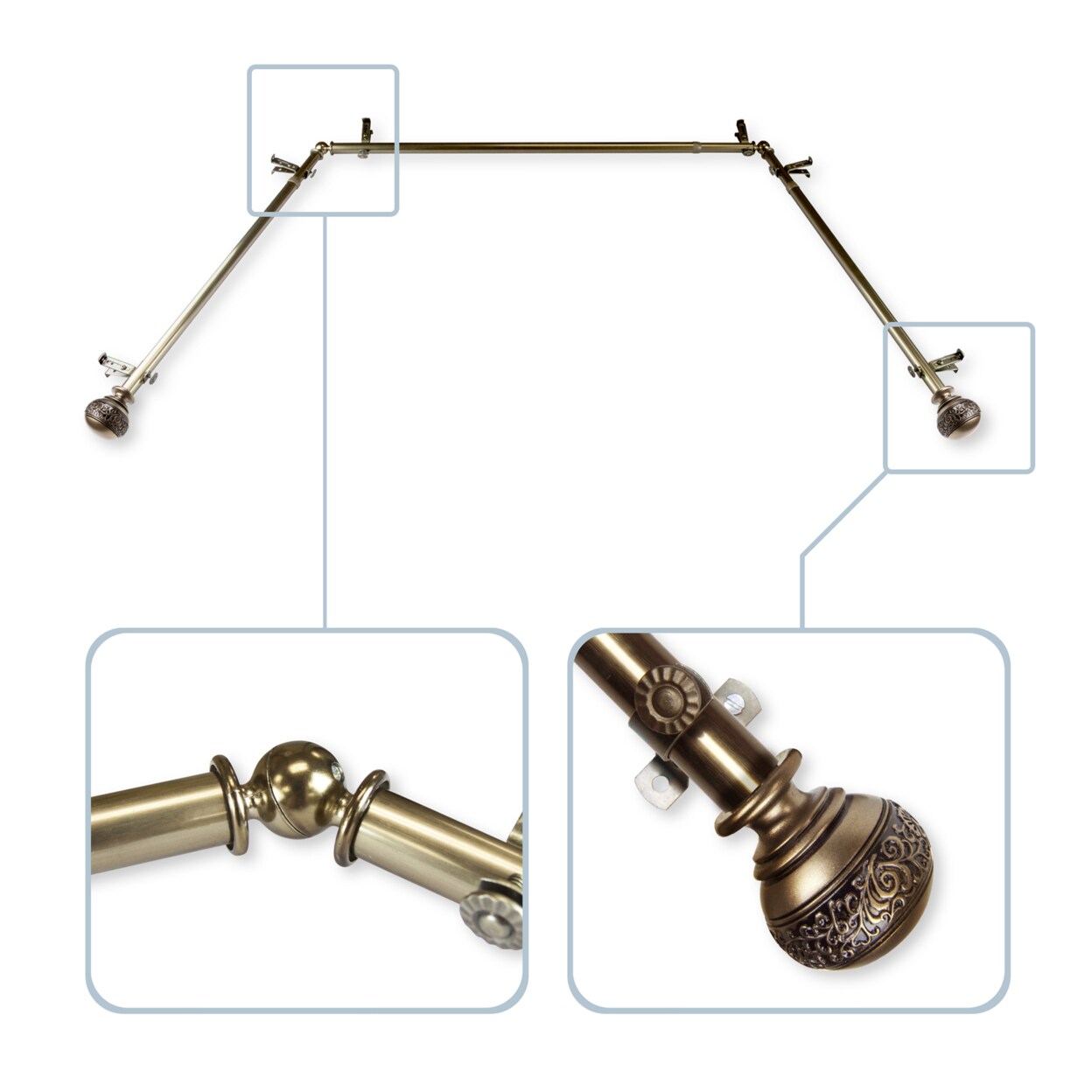 Hermosa Home   Camille 13 by 16&#x22; Bay Window Curtain Rod  20&#x22;-36&#x22;, 38&#x22;-72&#x22;
