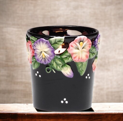 Ceramic Pansy Flower Black Votive Candle Holder with Glass Cup, Home D&#xE9;cor, Gift for Her, Gift for Mom, Kitchen D&#xE9;cor, Bathroom Decor