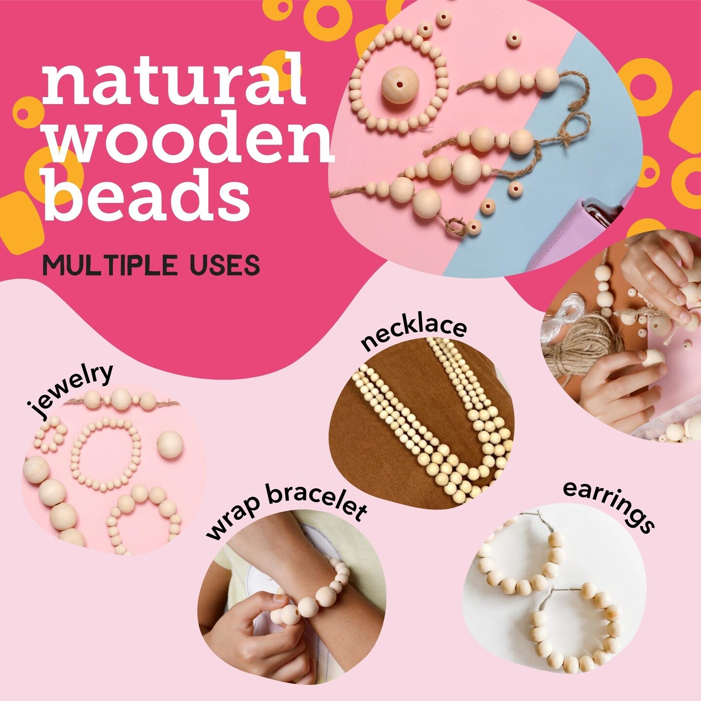 Incraftables Natural Wooden Beads for Crafts 530pcs (8mm, 10mm, 15mm, 20mm  & 25mm). Best Wood Beads for Crafts with Holes. Bulk Unfinished DIY Large &  Small Wooden Craft Beads w/Jute Twine 