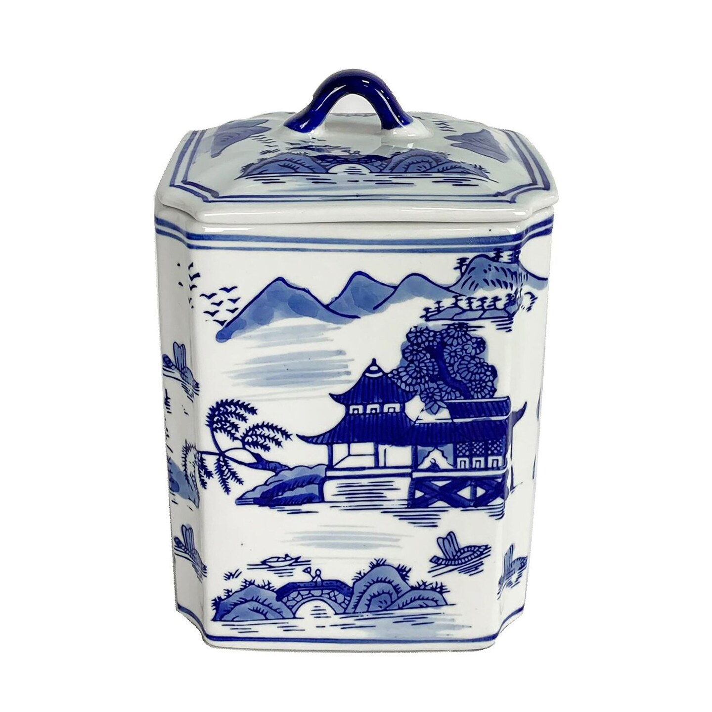 Kingston Living Ceramic Rectangular Jar with Lid - 8" - Blue and White