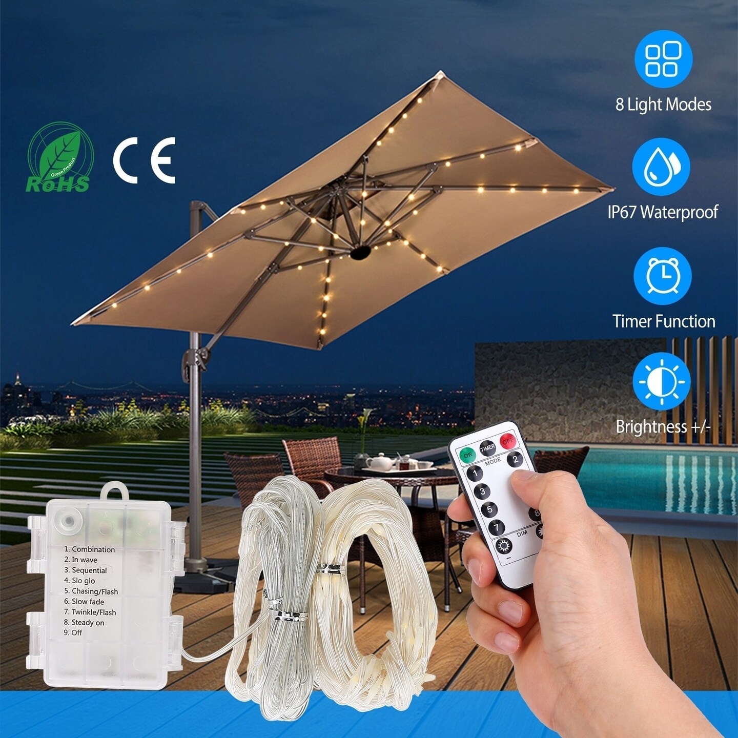 Global Phoenix Patio Umbrella Lights 8 Lighting Mode Waterproof Parasol ...