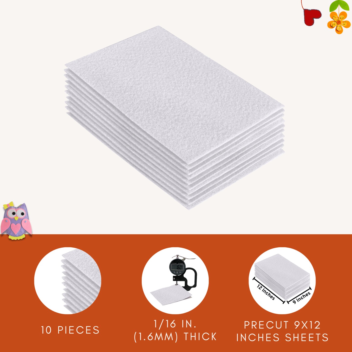 FabricLA Acrylic Felt Sheets for Crafts - Precut 9&#x22; X 12&#x22; Inches (20 cm X 30 cm) Felt Squares - Use Felt Fabric Craft Sheets for DIY, Costume, and Decoration | White - 10 Pieces
