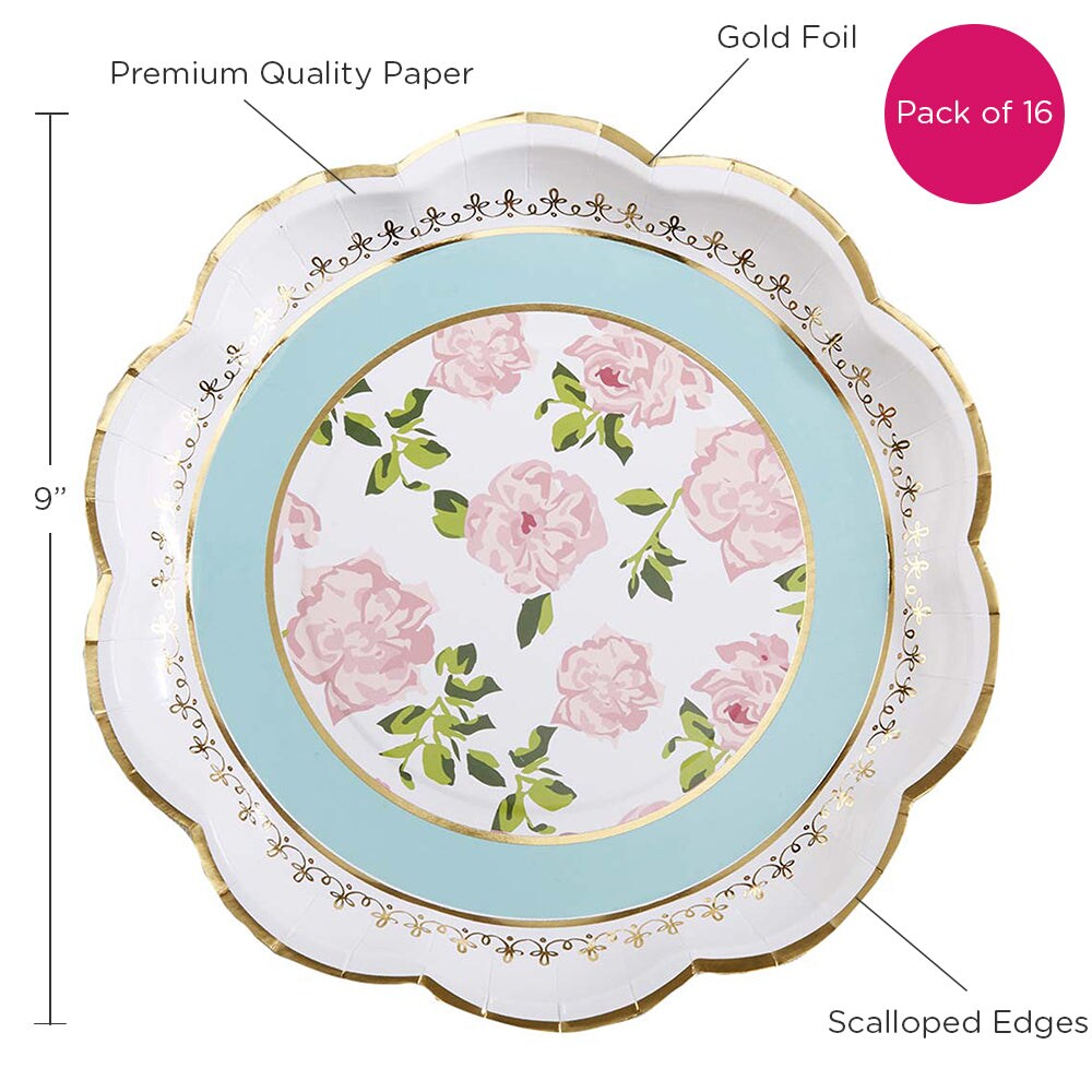 Tea Time Whimsy 9 in. Premium Paper Plates - Blue (Set of 16)