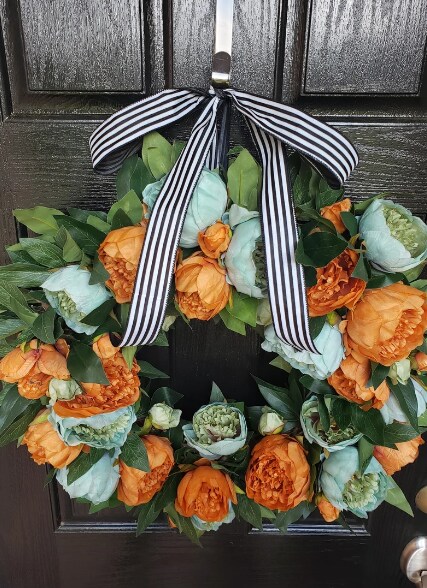 Peony wreath, fall front door wreath, orange deals peony wreath, pinecones, biege mums, eucalyptus