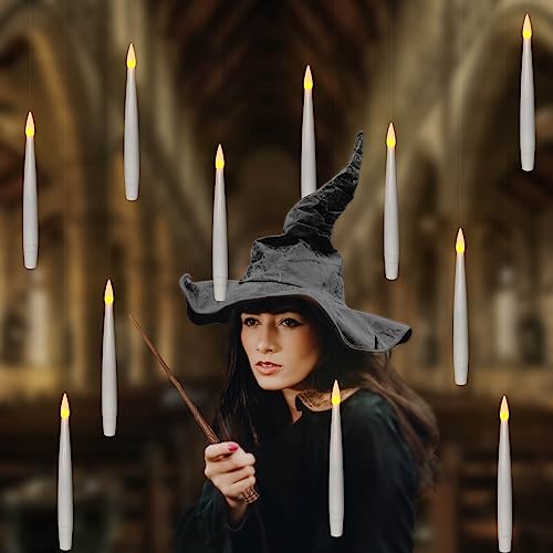 Leejec Floating Candles with Magic Wand Remote (6/18H Timer), Halloween Decorations, 20pcs 6.1&#x22; Hanging Flameless Taper Candles, Flickering Warm Light, Christmas, Wedding, Theme Party Decor (White)