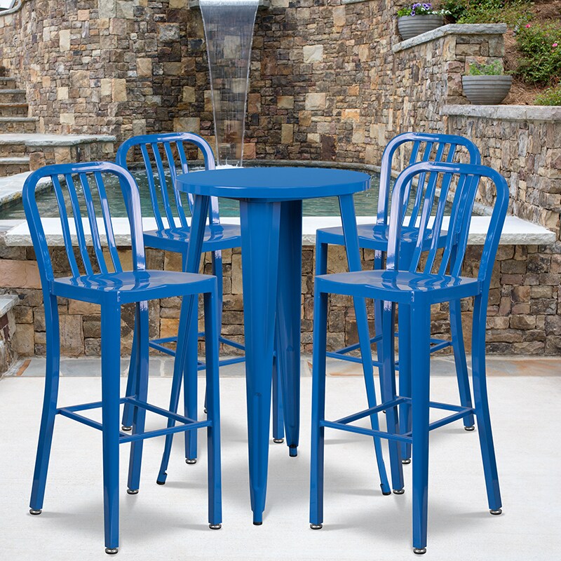 Flash Furniture Commercial Grade 24&#x22; Round Blue Metal Indoor-Outdoor Bar Table Set with 4 Vertical Slat Back Stools