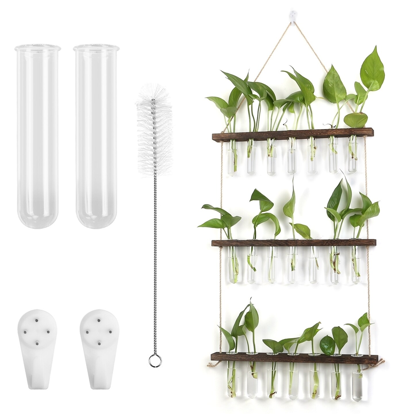 Global Phoenix 3 Tier Wall Hanging Planter Glass Hydroponic Vase Plant Flower Propagation Tube Planter Terrarium with Wooden Stand