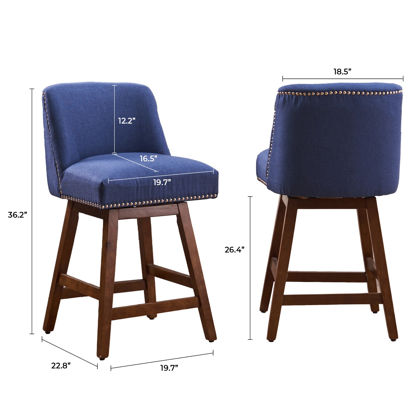 FERPIT 26 inch Upholstered Swivel Fabric Counter Bar Stools with Back & Wood Legs, Set of 2, Nailhead Trim, Low Back, Navy Blue