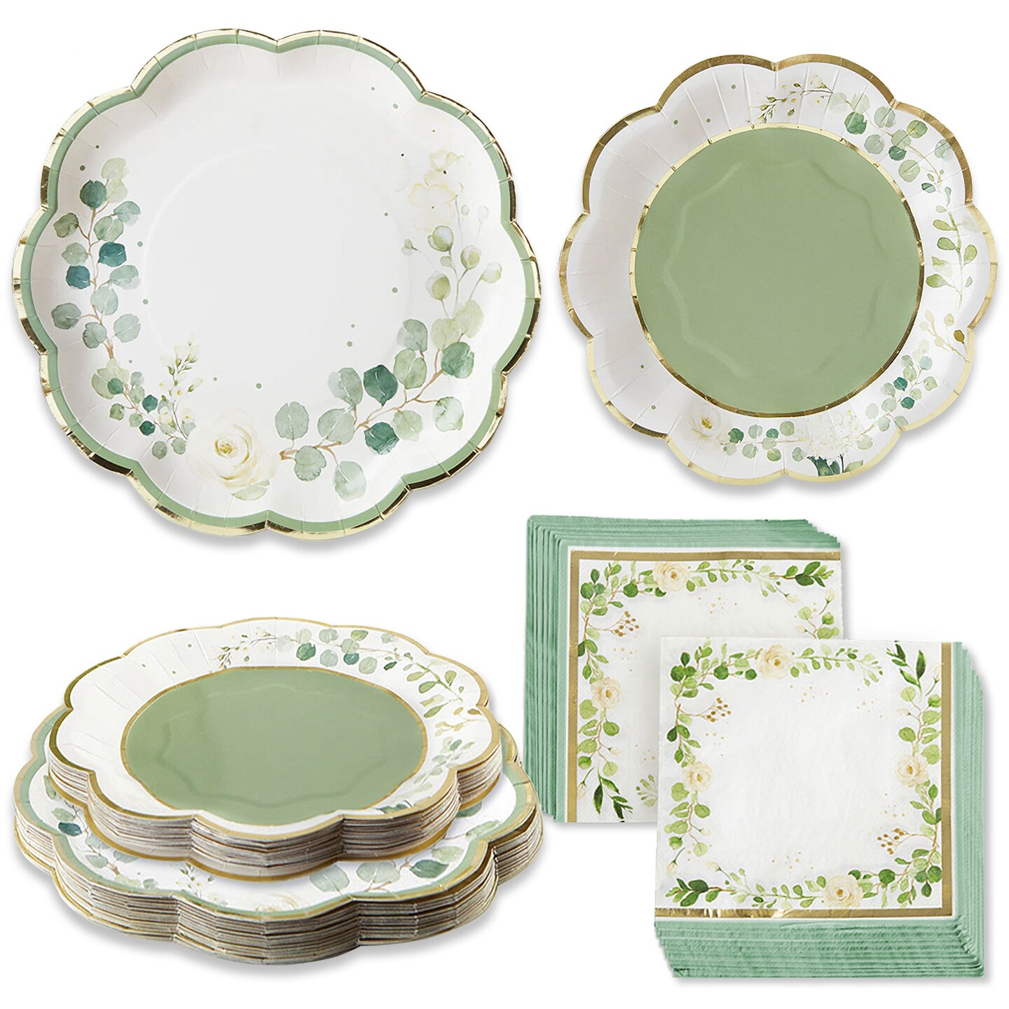 Kate Aspen Sage Green Party Decorations, Eucalyptus Floral Botanical Garden 62 Piece Party Tableware Set (16 Guests)- Perfect for Greenery Baby Shower &#x26; Bridal Showers