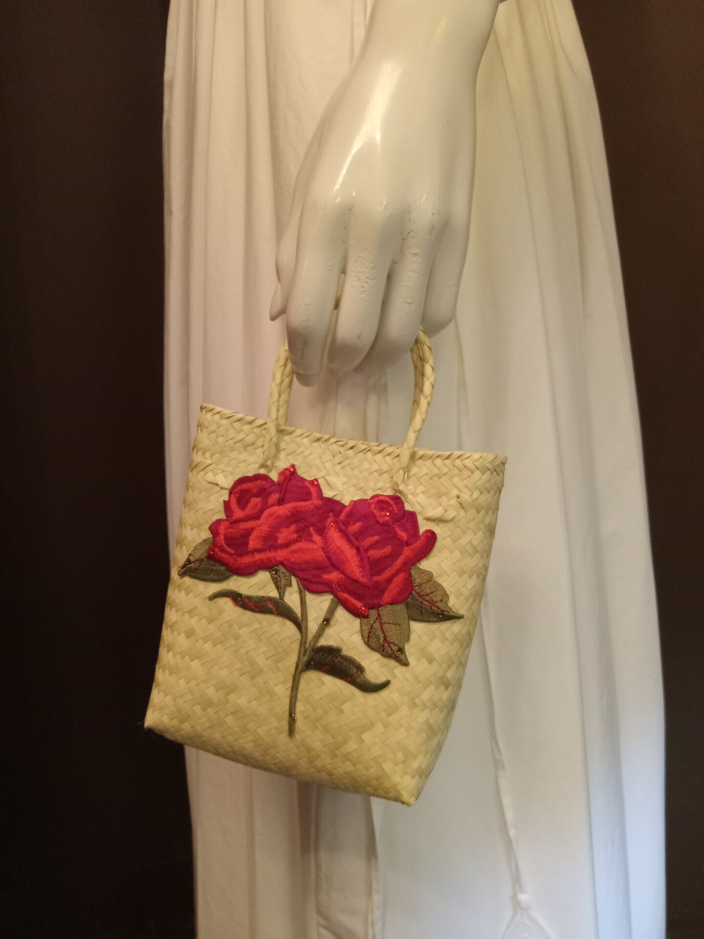 XSmall Straw Tote Fits a Cellphone! Rose Applique Evening Bag