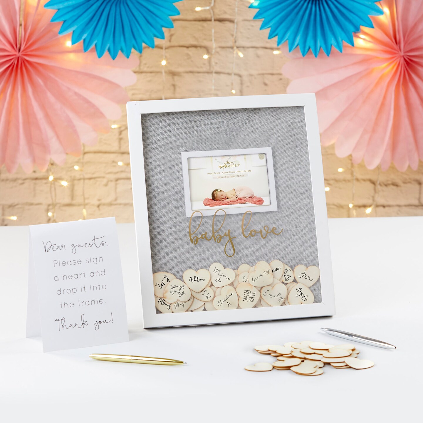 Kate Aspen Baby Shower Guest Book Alternative, with 30 Blank Wooden Hearts, Traditional Guest Book, Picture Frame