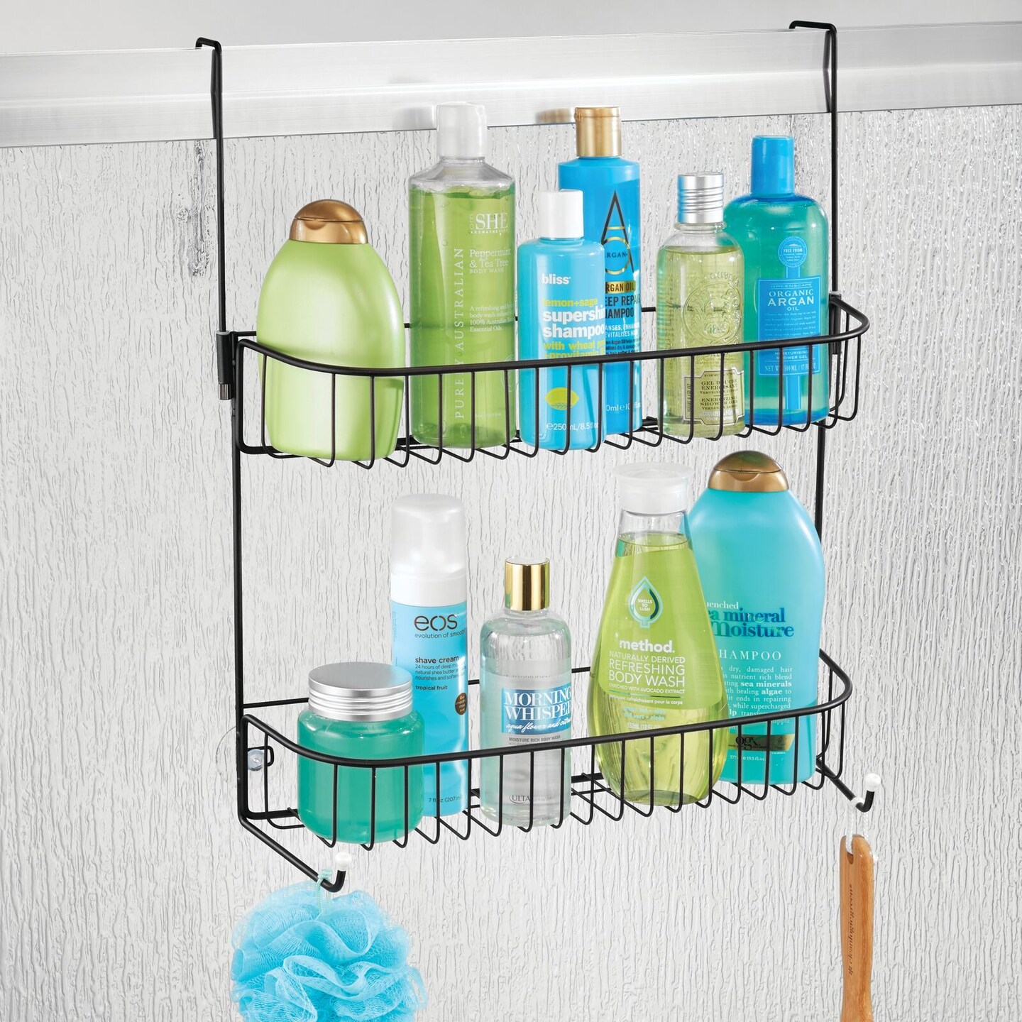 mDesign Metal Bathroom Over Door Hanging Shower Caddy, X-Wide