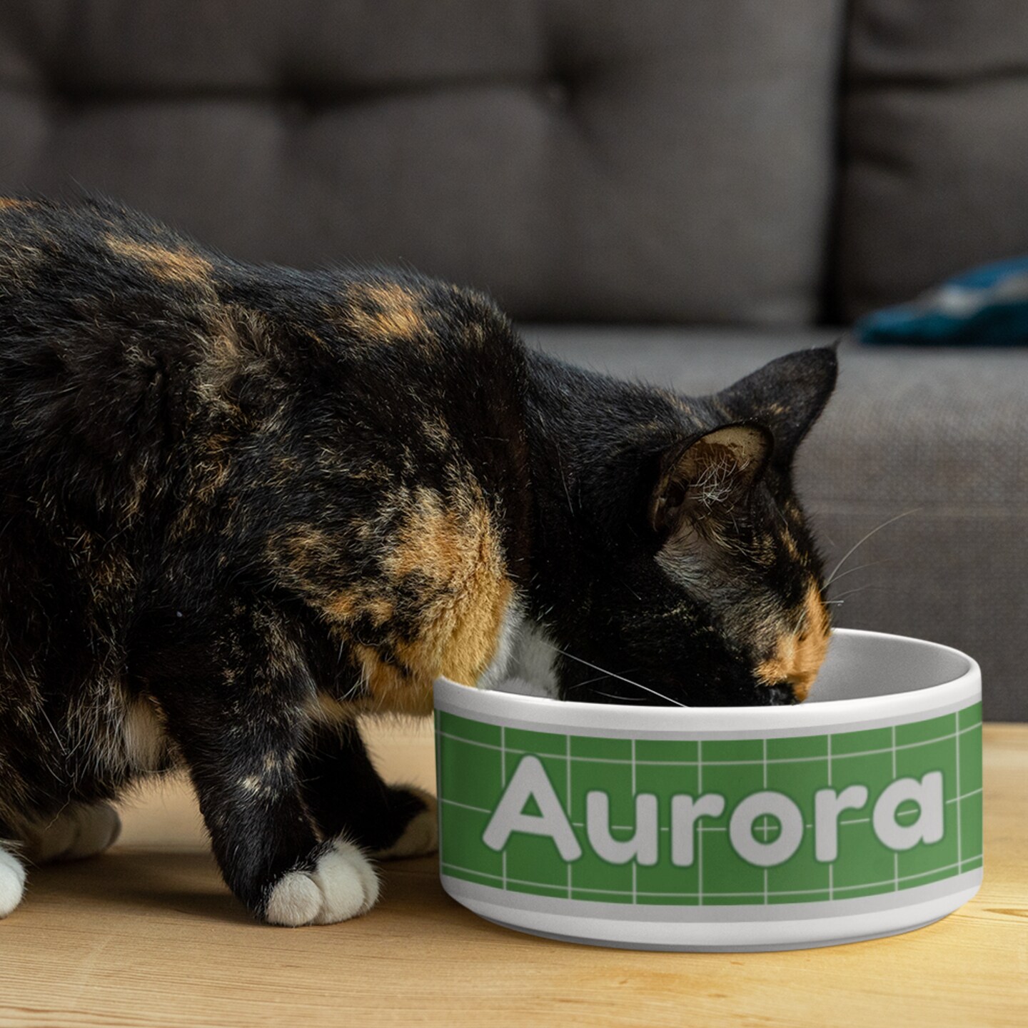 product name is Personalized Pet Food Bowl For Dog Custom Bowl For Cat Water Bowl Gift Idea For New Pet Green And White Print Pet Supply Food Bowl Custom
