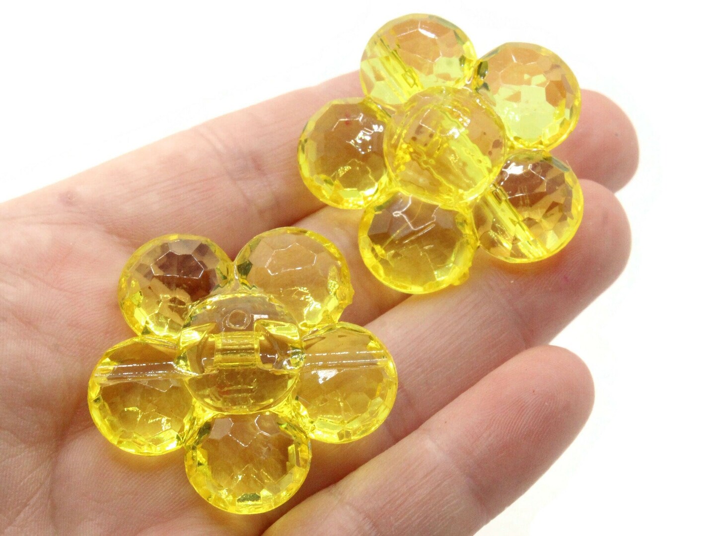 2 35mm Large Yellow Flat Faceted Flower Plastic Shank Buttons