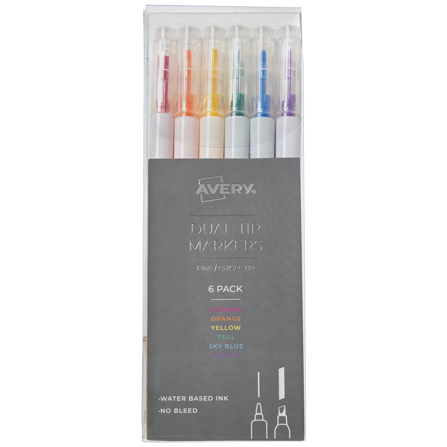 Avery Dual Tip Markers, Fine Tip Marker and Chisel Tip Marker, Quick-Drying Water-Based Markers, Rainbow Assortment, Ideal Planner Markers and Bullet Journal Markers, 6-Pack (25004)