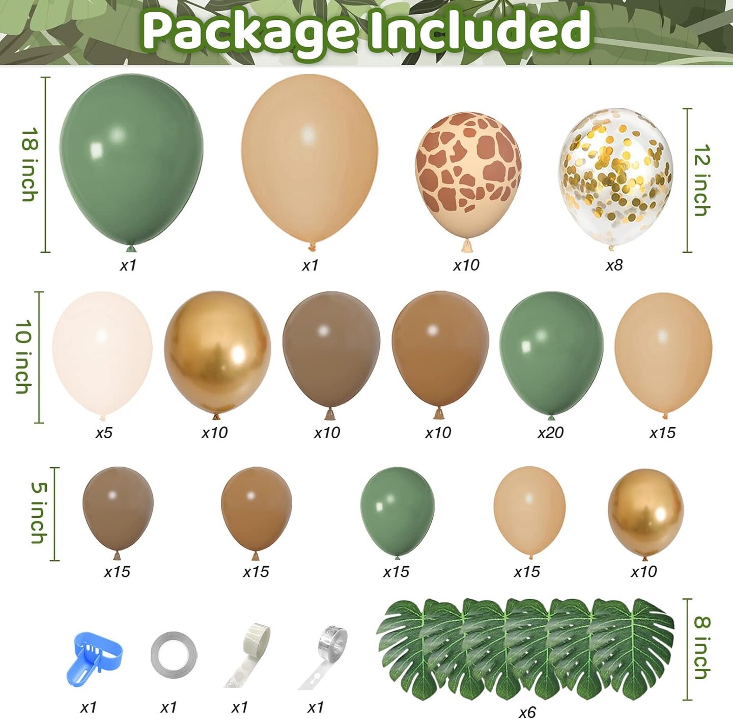 170Pcs Jungle Safari Balloons Garland Kit, Safari Baby Shower Decorations Sage Green Brown &#x26; Animal Print Balloons Palm Leaves for Woodland Themed Giraffe Wedding Two Wild One Birthday Party Supplies