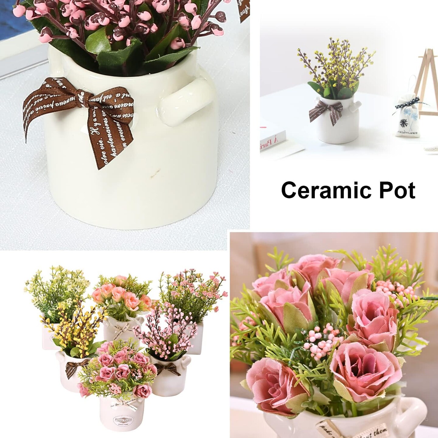 Six Pieces Synthetic Flowers in Ceramic Pots for Imitation Flower Arrangements Farmhouse Office Shelf Dining Table Centerpiece Table Decorations with Little Faux Spring Flowers in Vase