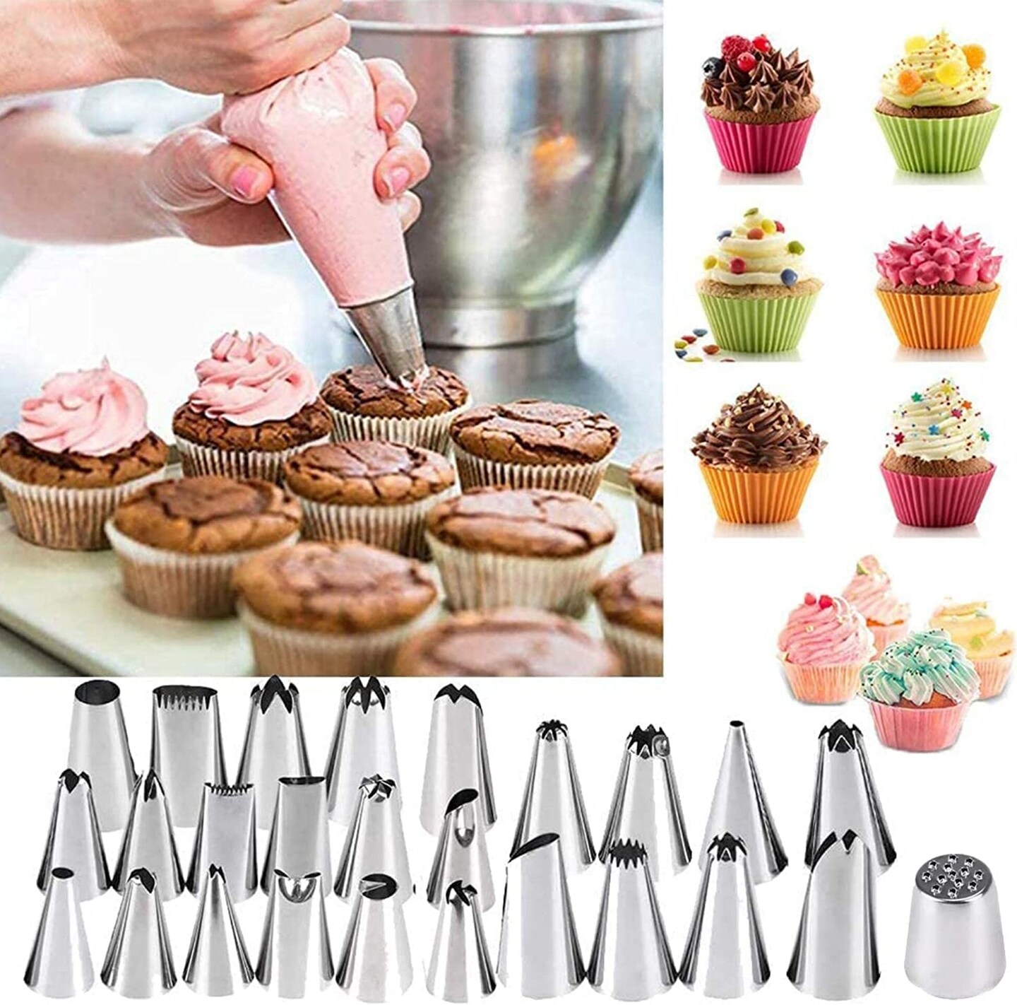 44 Pieces Cake Decorating Set, Stainless Steel Piping Icing Nozzles, Reusable Silicone Piping Bag, Suitable for Cakes, Cupcakes, Cookies, Pastries, Beginners