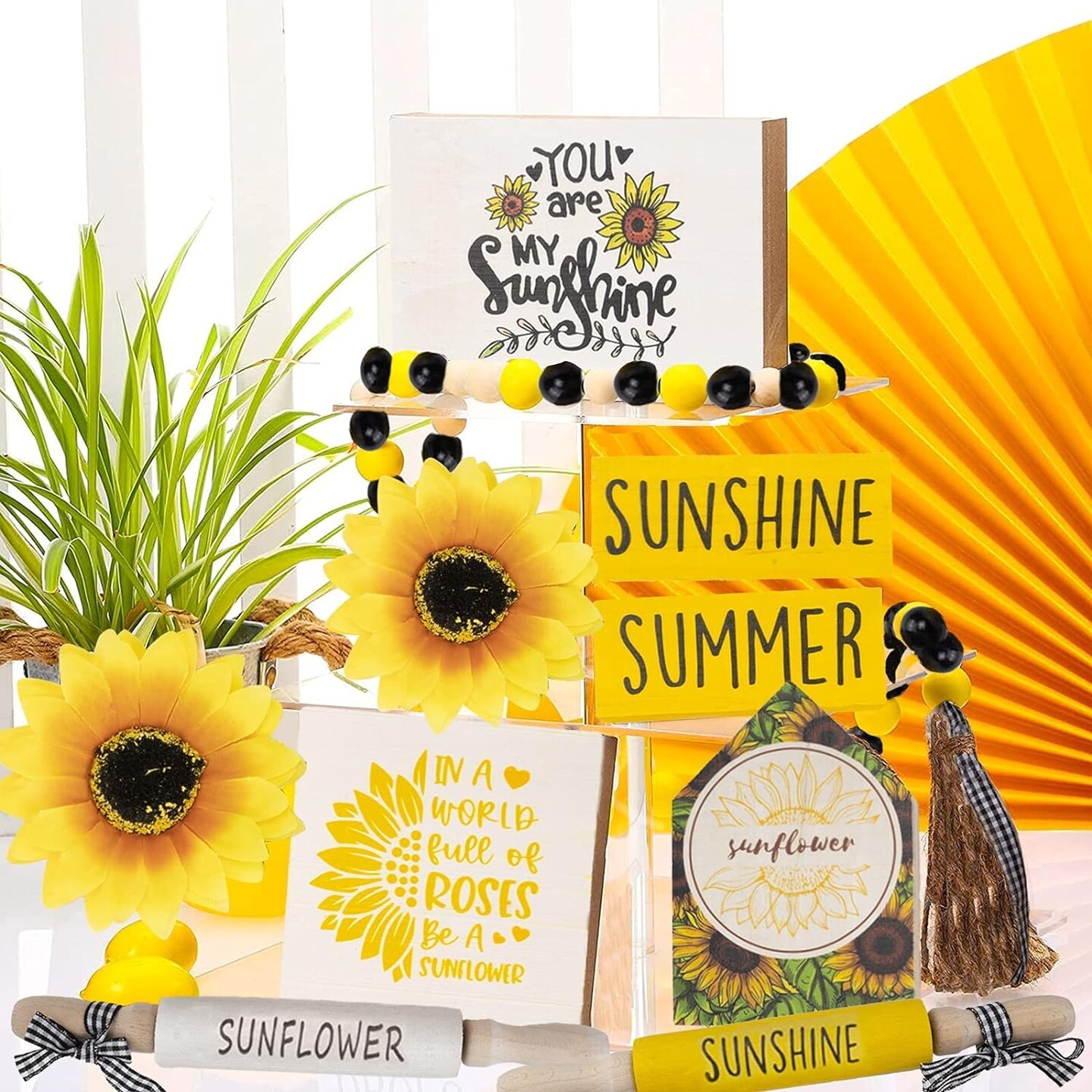 10-Pieces Sunflower Tiered Tray Decor Set - Farmhouse Home Gift