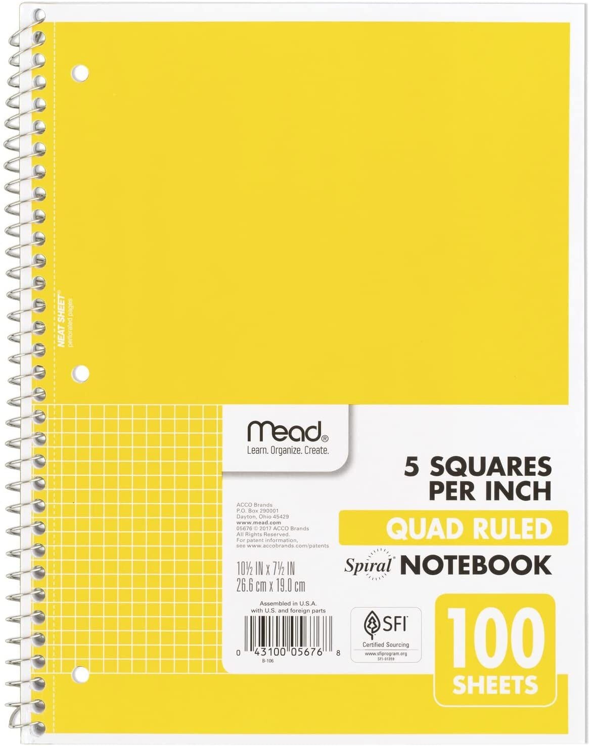 Spiral Notebook, 1-Subject, Graph Ruled Paper, 7-1/2&#x22; X 10-1/2&#x22;, 100 Sheets, Green (05676AC5)
